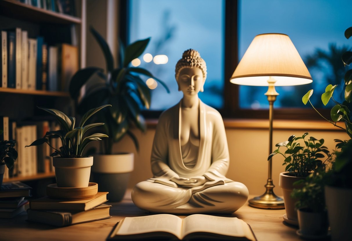 A serene figure sits in a cozy room, surrounded by plants and books. The soft glow of a lamp illuminates the peaceful atmosphere, creating a sense of contentment and tranquility