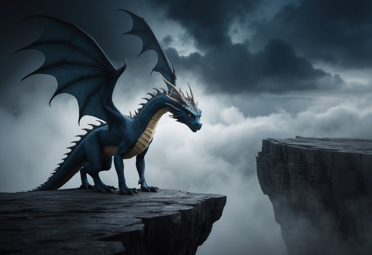 A lone dragon perched on a barren cliff, surrounded by swirling mist and dark, foreboding clouds. Its eyes reflect a deep sense of sadness and exhaustion, as it struggles with the weight of loneliness and sleepless nights