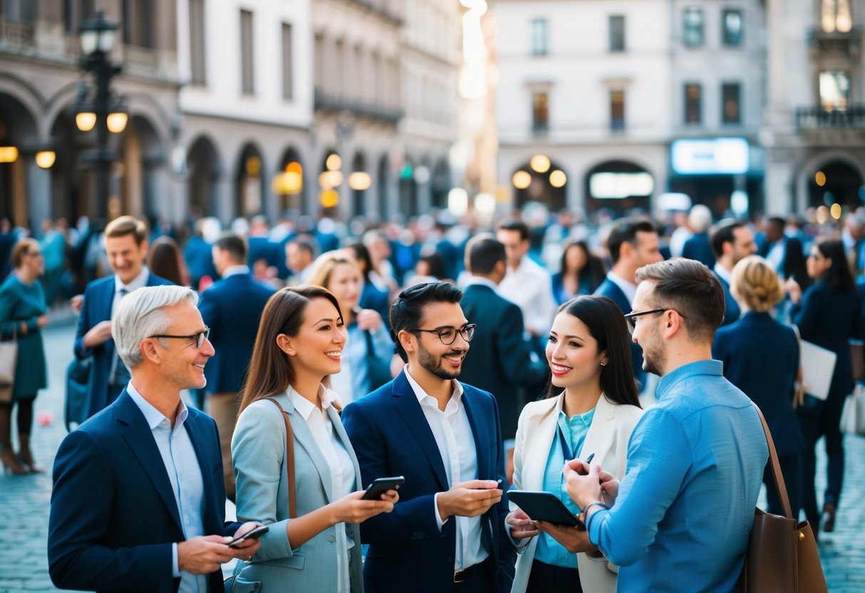 A bustling city square with people mingling and chatting, exchanging contact information and making connections. The atmosphere is lively and full of opportunity