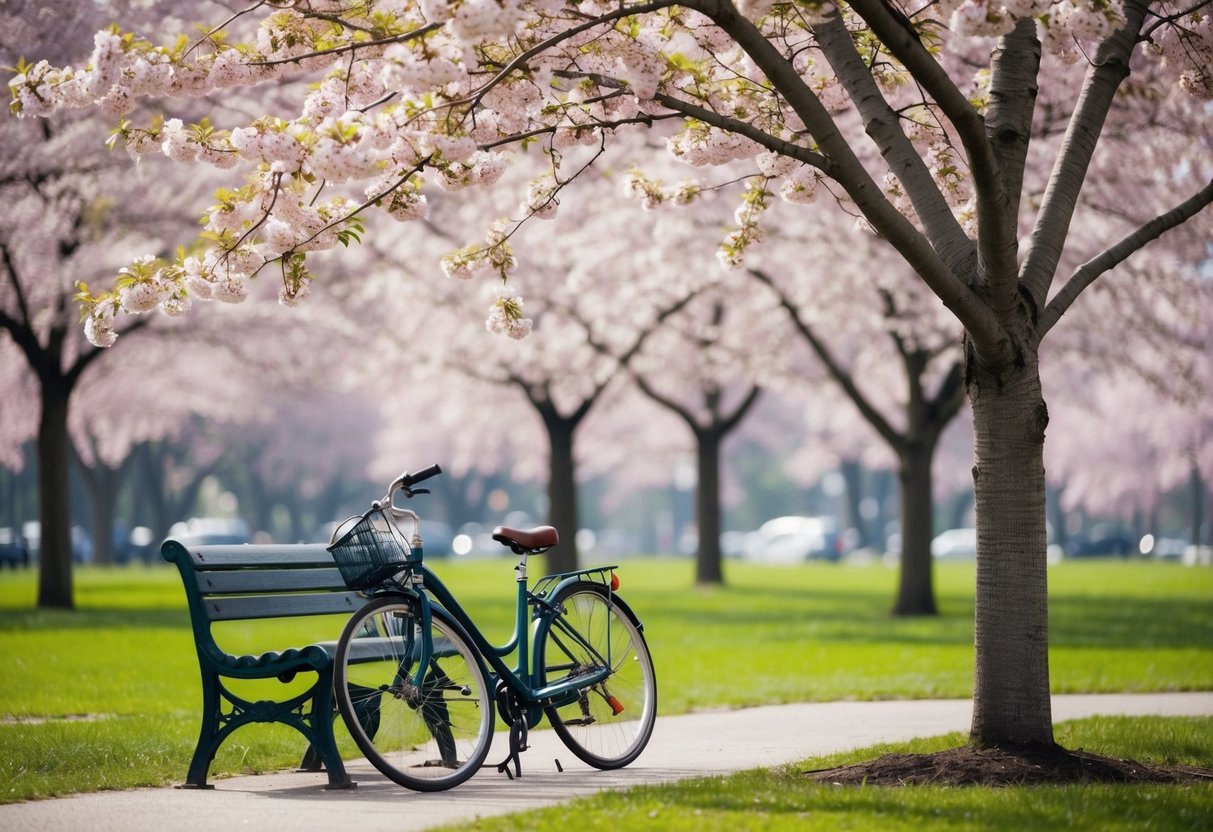 A serene park bench under a blossoming cherry tree, with two bicycles leaning against it. A gentle breeze carries the scent of flowers