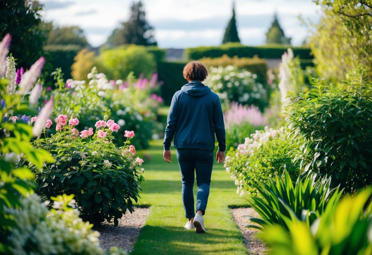 A person walking through a peaceful garden, surrounded by blooming flowers and lush greenery, with a sense of tranquility and self-reflection in the air