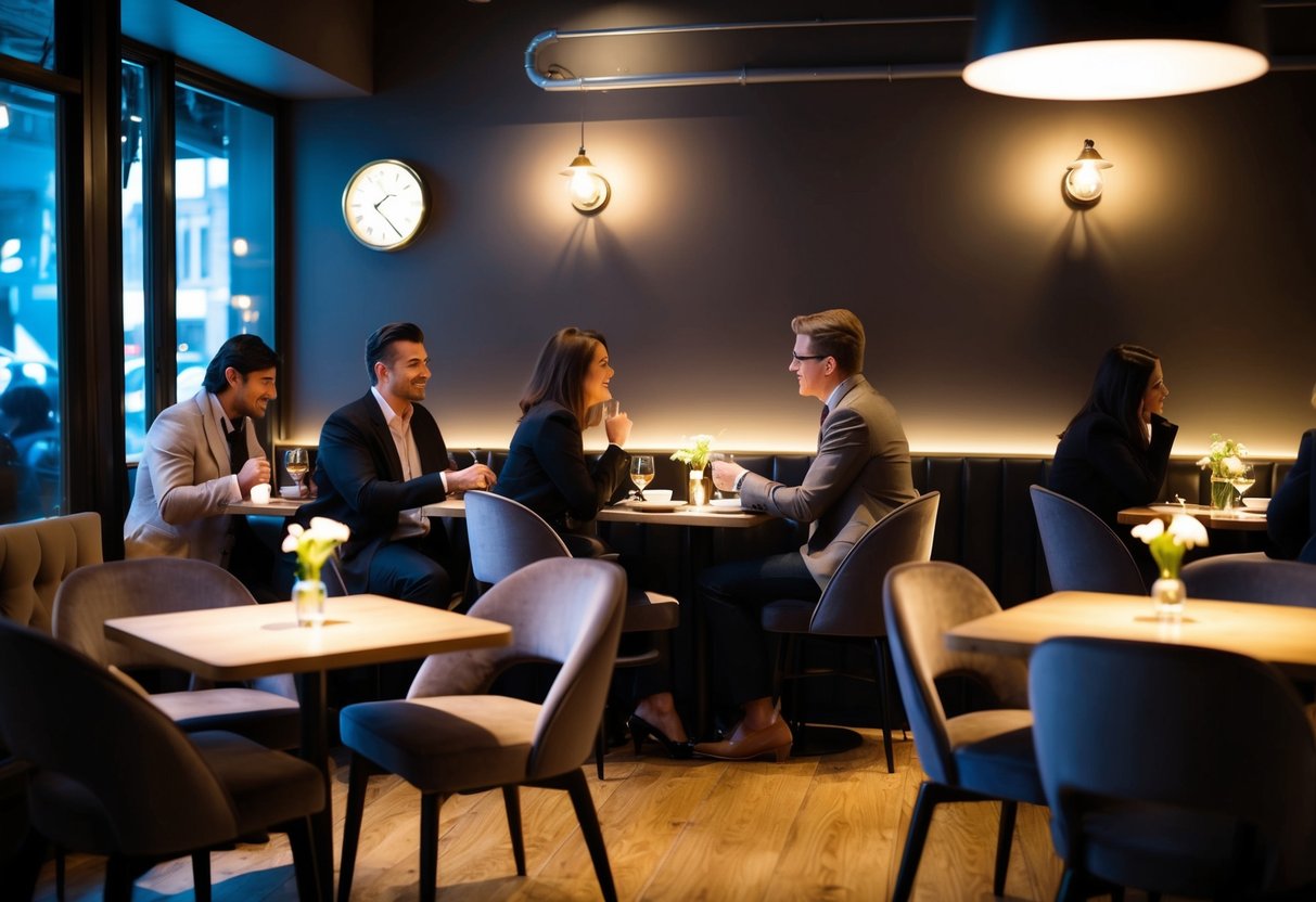 A cozy café with dim lighting, small tables, and plush chairs. Soft jazz music plays in the background as people engage in intimate conversations