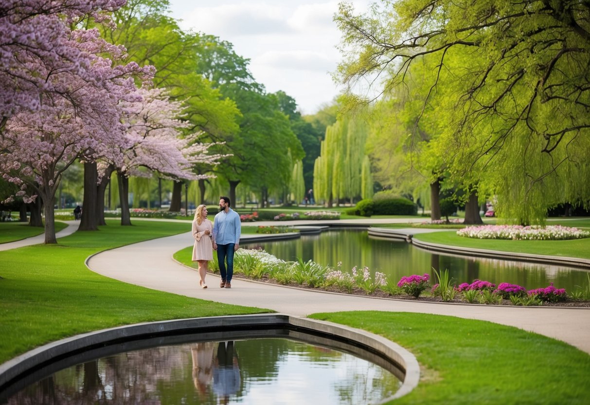 A serene park with a winding path, blooming flowers, and a tranquil pond. A couple strolls leisurely, enjoying each other's company