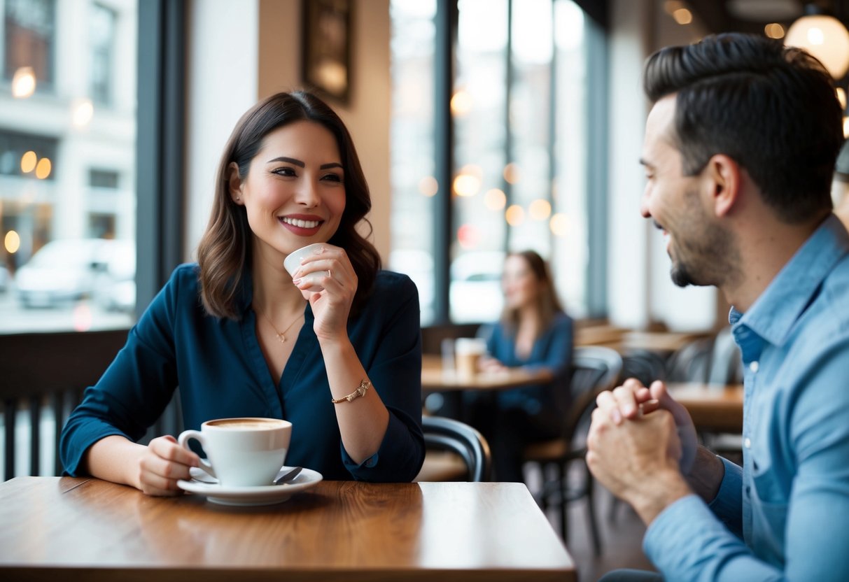 A woman sits at a cafe, sipping coffee alone. A man approaches, introducing himself. They engage in conversation, both smiling and laughing