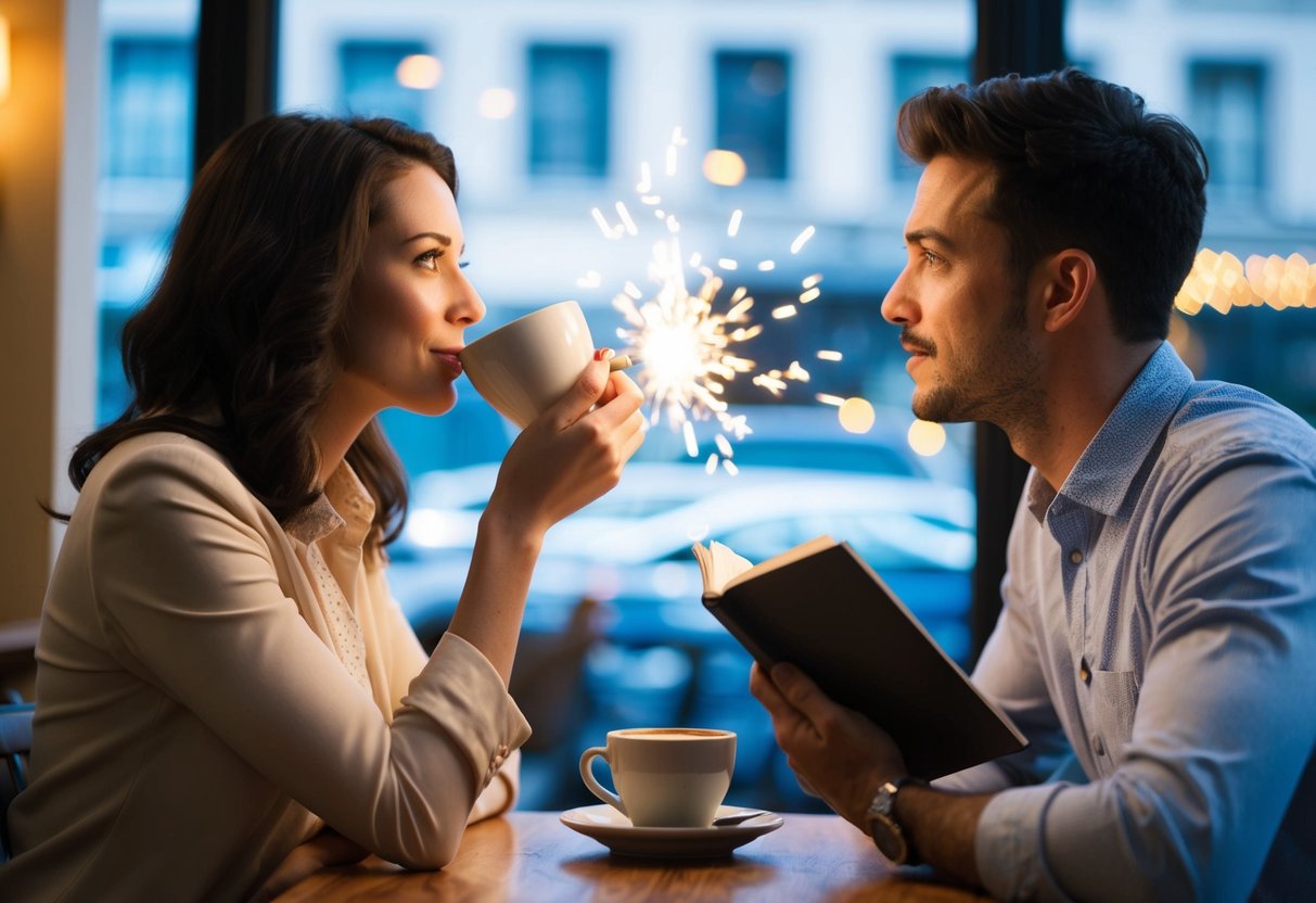 A woman sits at a cafe, nervously sipping her coffee. Across the room, a man reads a book, occasionally glancing up at her. Their eyes meet, and a spark of recognition ignites between them