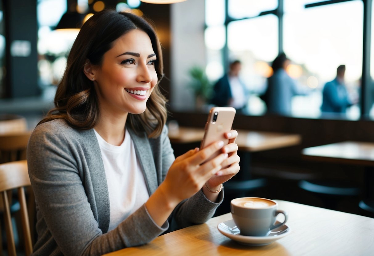 A woman sitting at a cafe, looking at her phone with a hopeful expression. Various social media icons and dating apps are visible on the screen