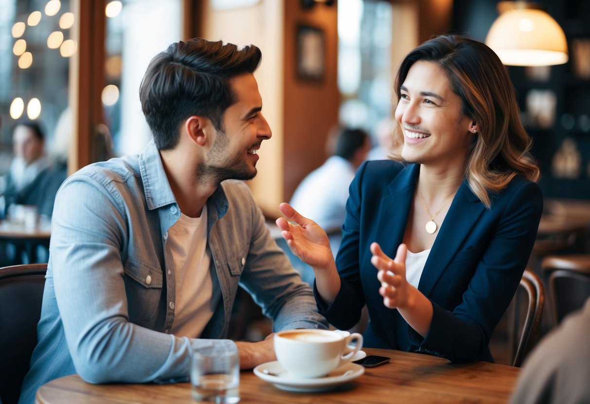 A couple sitting at a cozy café, engaged in deep conversation. The man is leaning forward, listening intently to the woman, who is smiling and gesturing animatedly