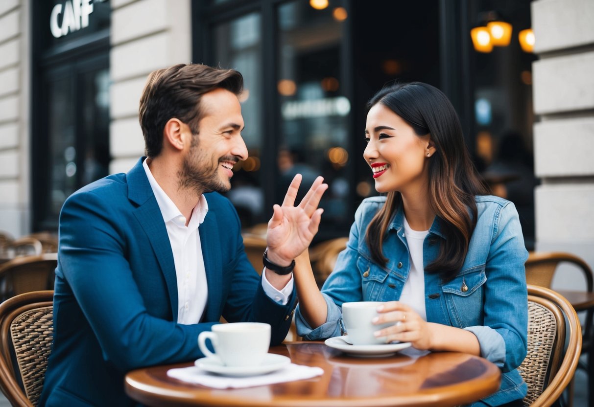 A man and a woman sit at a café table, smiling and engaged in conversation. The woman gestures with her hands as she speaks, while the man leans in attentively