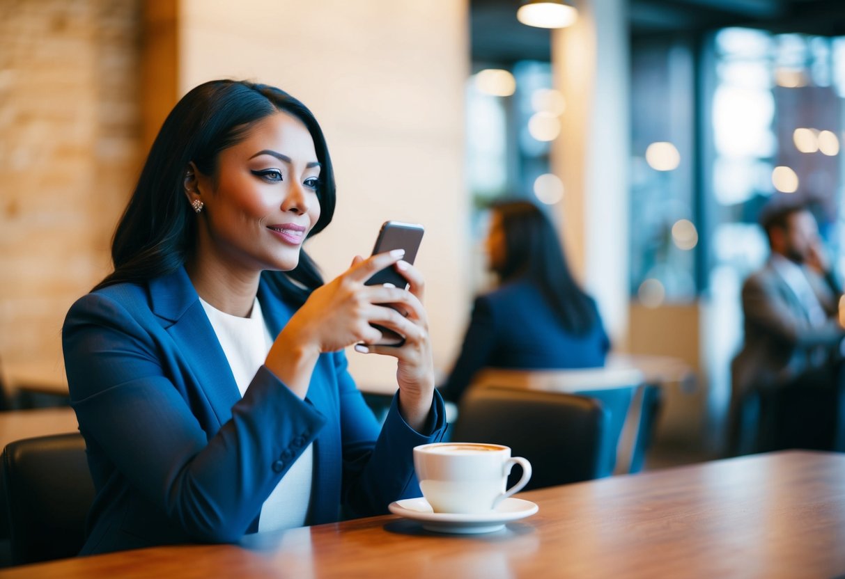 A woman sits at a table, sipping a cup of coffee while looking at her phone. She appears to be waiting for someone, with a hopeful expression on her face