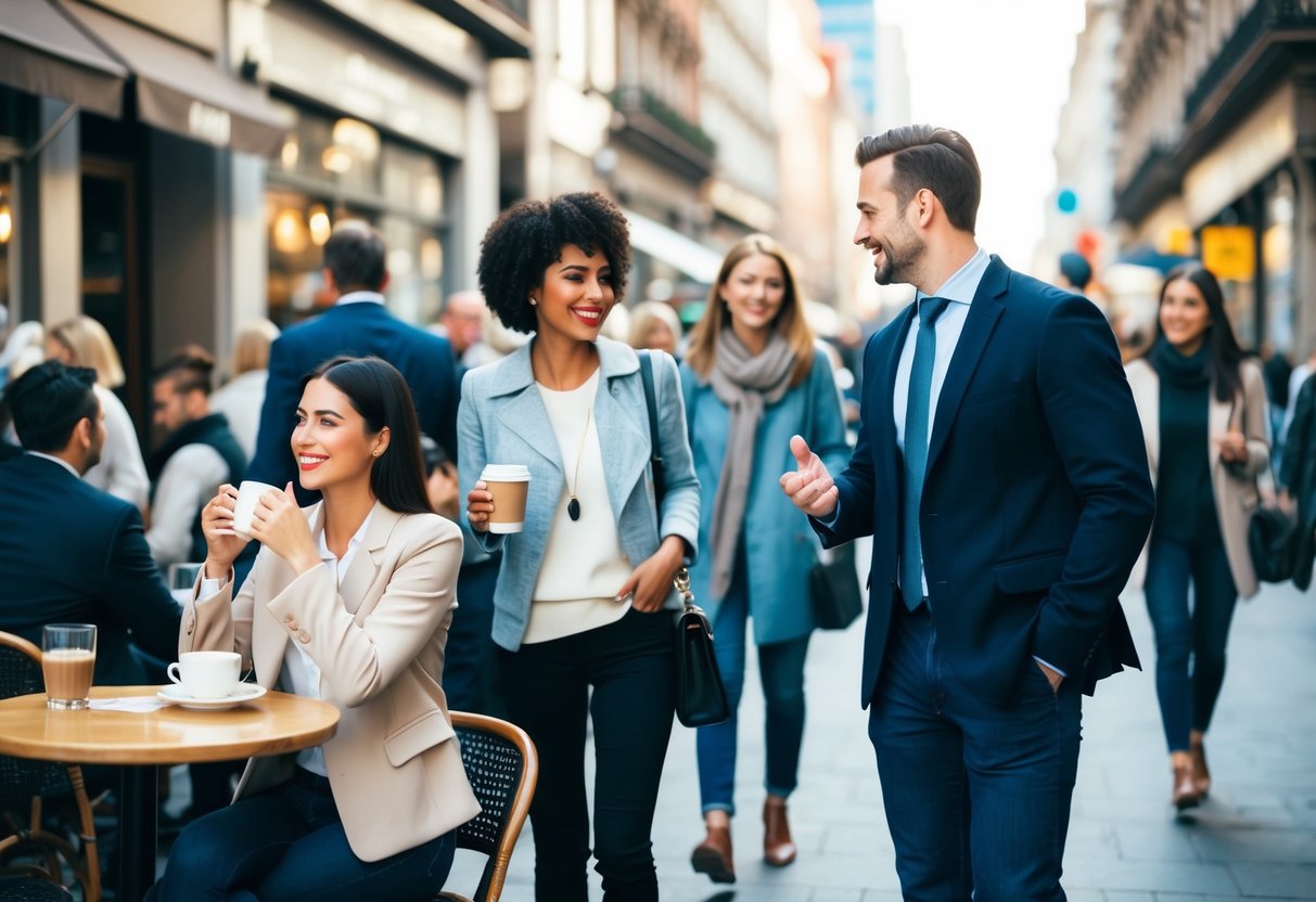 A bustling city street with people walking and chatting. A woman sitting at a cafe, sipping coffee. A man approaching her with a friendly smile