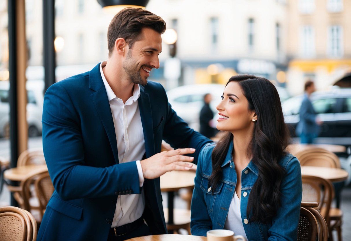 A man confidently approaches a woman at a café, smiling and making eye contact. The woman looks intrigued and receptive to the man's approach