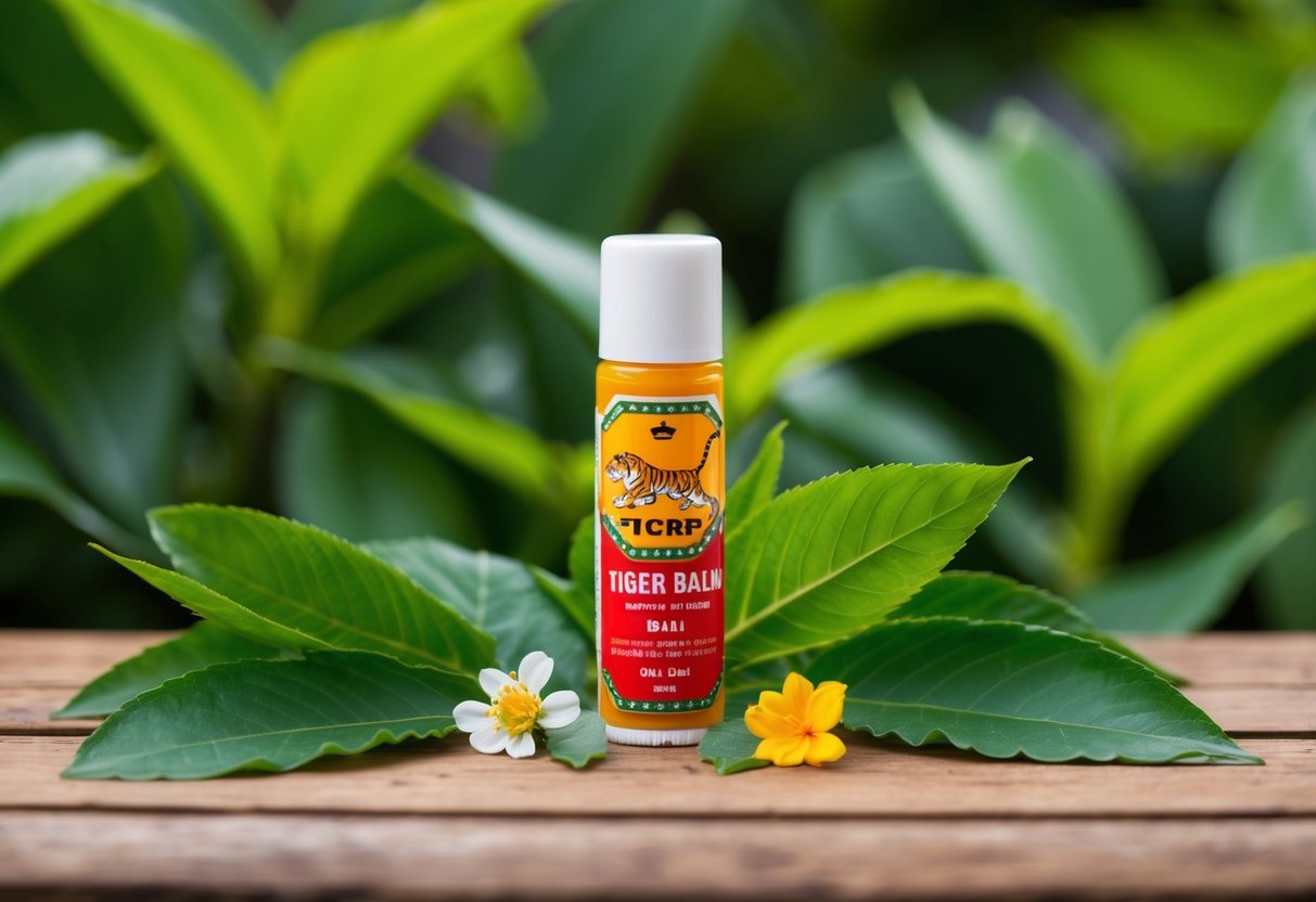 A tiger balm tube with a red and white label sits on a wooden surface, surrounded by green leaves and a few small flowers