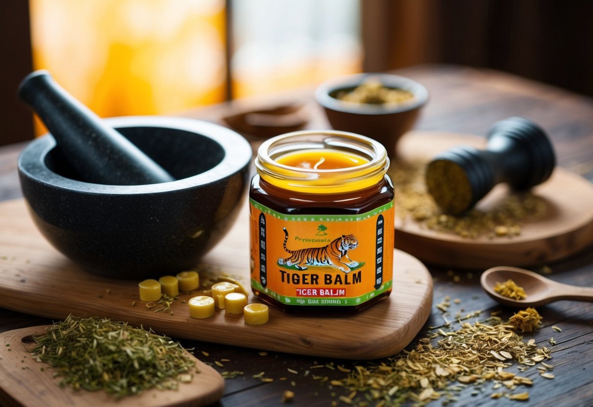 A jar of Tiger Balm sits open on a wooden table, surrounded by scattered herbs and ingredients. A mortar and pestle are nearby, hinting at the process of creating the potent ointment