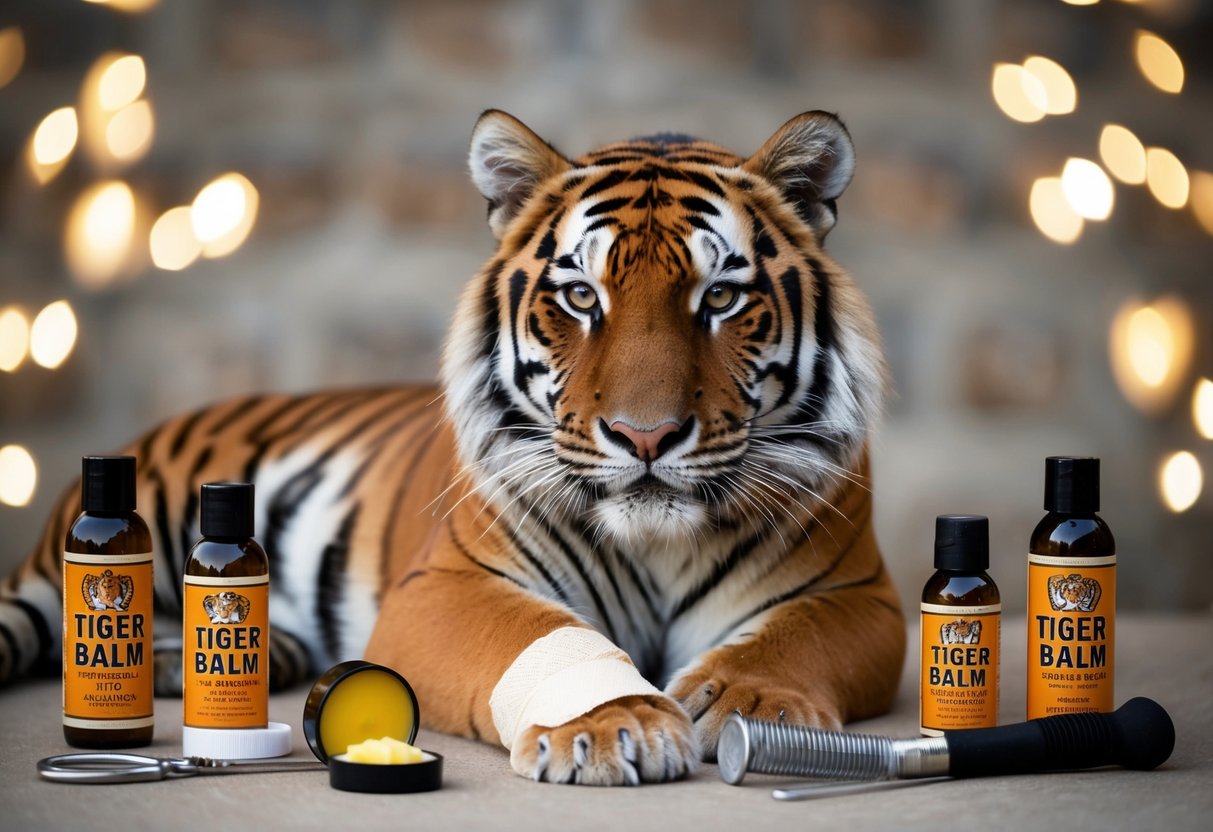 A tiger with a bandage on its paw, surrounded by bottles of tiger balm and grooming tools