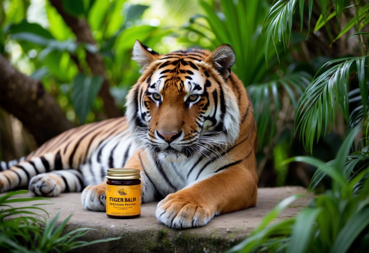 A tiger lounges in a peaceful jungle setting. A jar of "Tiger Balm" sits nearby, surrounded by lush greenery