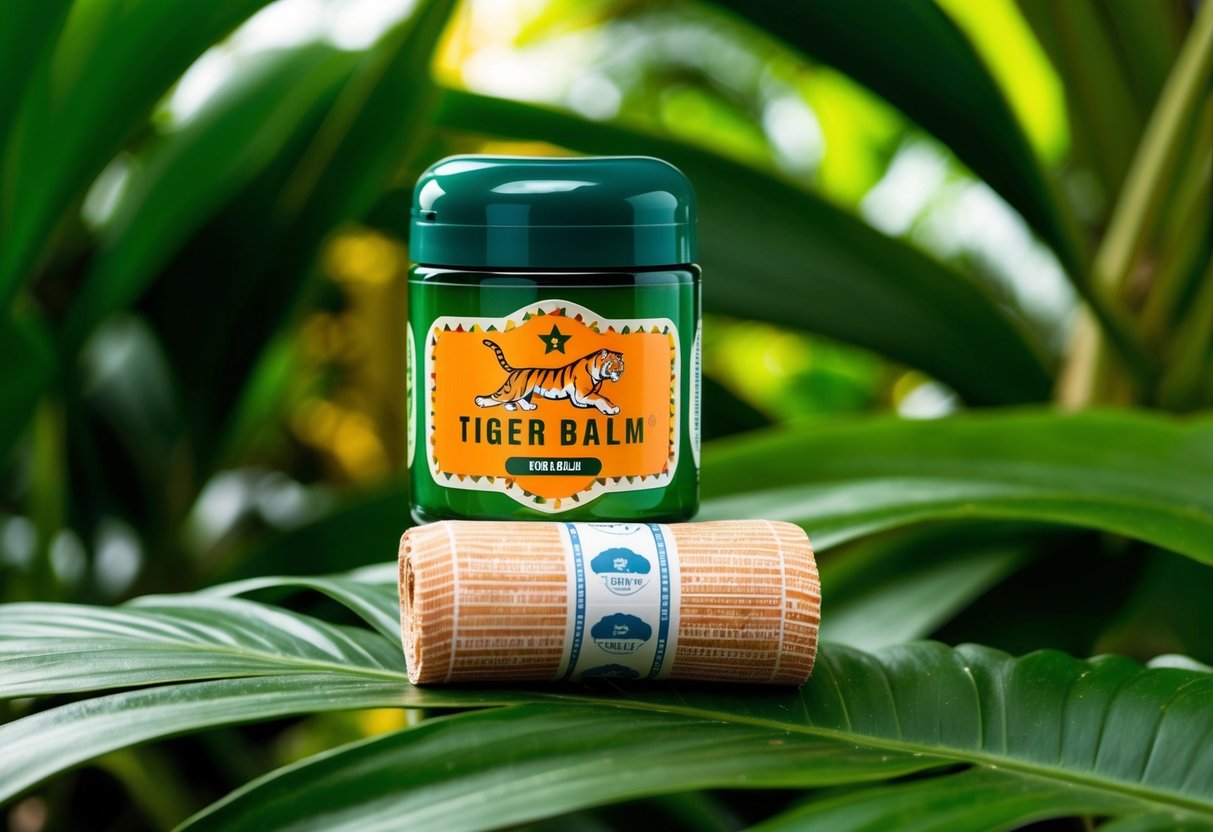 A modern jungle setting with a prominent Tiger Balm product and a bandage. Lush greenery and a sense of natural healing