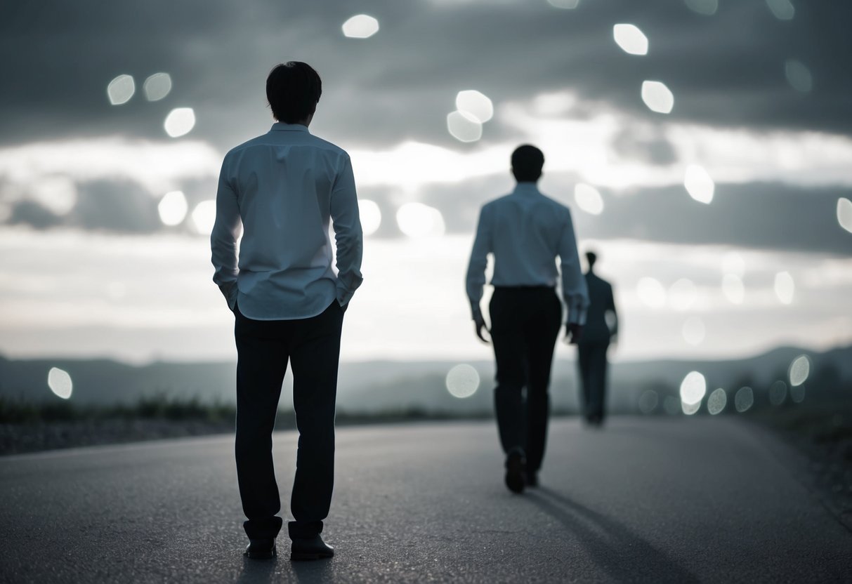 A person standing alone, looking longingly at a distant figure while another figure approaches from behind, suggesting emotional dependence and infidelity