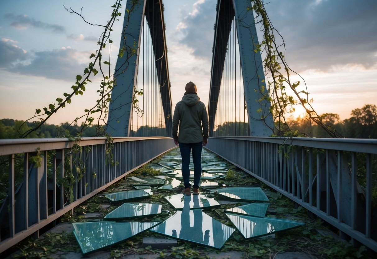 A person standing on a broken bridge, surrounded by pieces of shattered glass and tangled vines, symbolizing the struggle of building and rebuilding emotional independence and trust after experiencing emotional dependence and infidelity