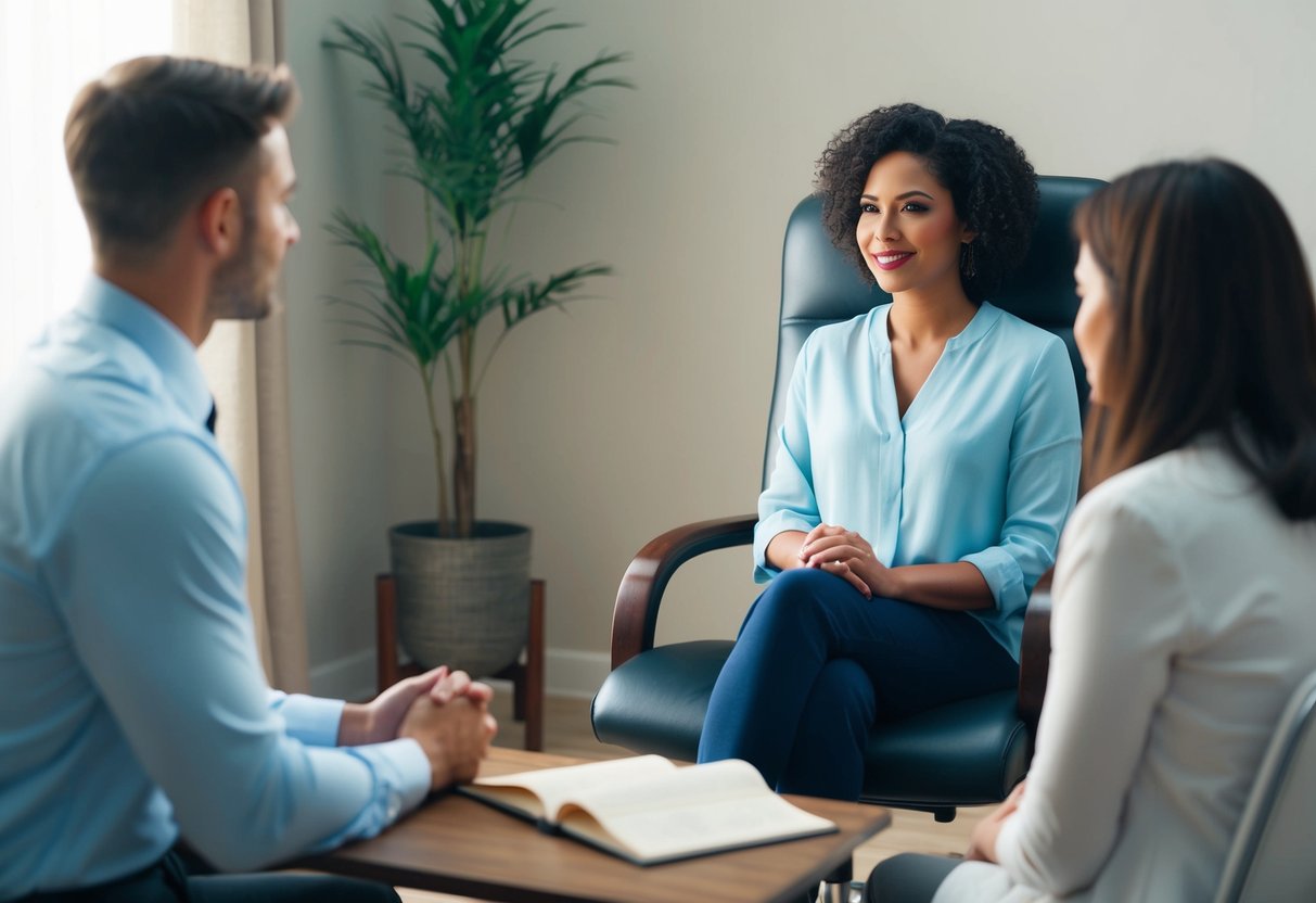 A person sitting in a therapist's office, with a supportive figure listening and offering guidance. The atmosphere is calm and reassuring, with a sense of introspection and personal growth