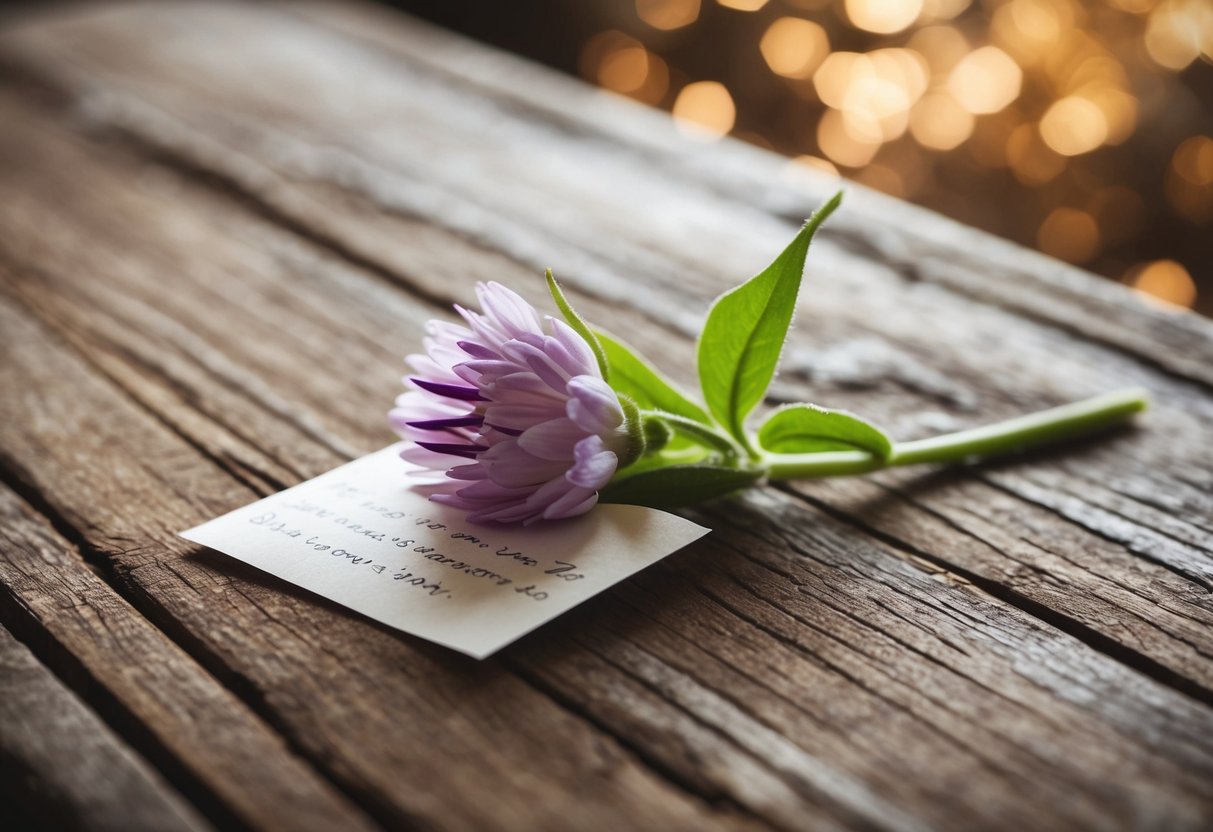 A small love note tucked into a blooming flower, resting on a rustic wooden table