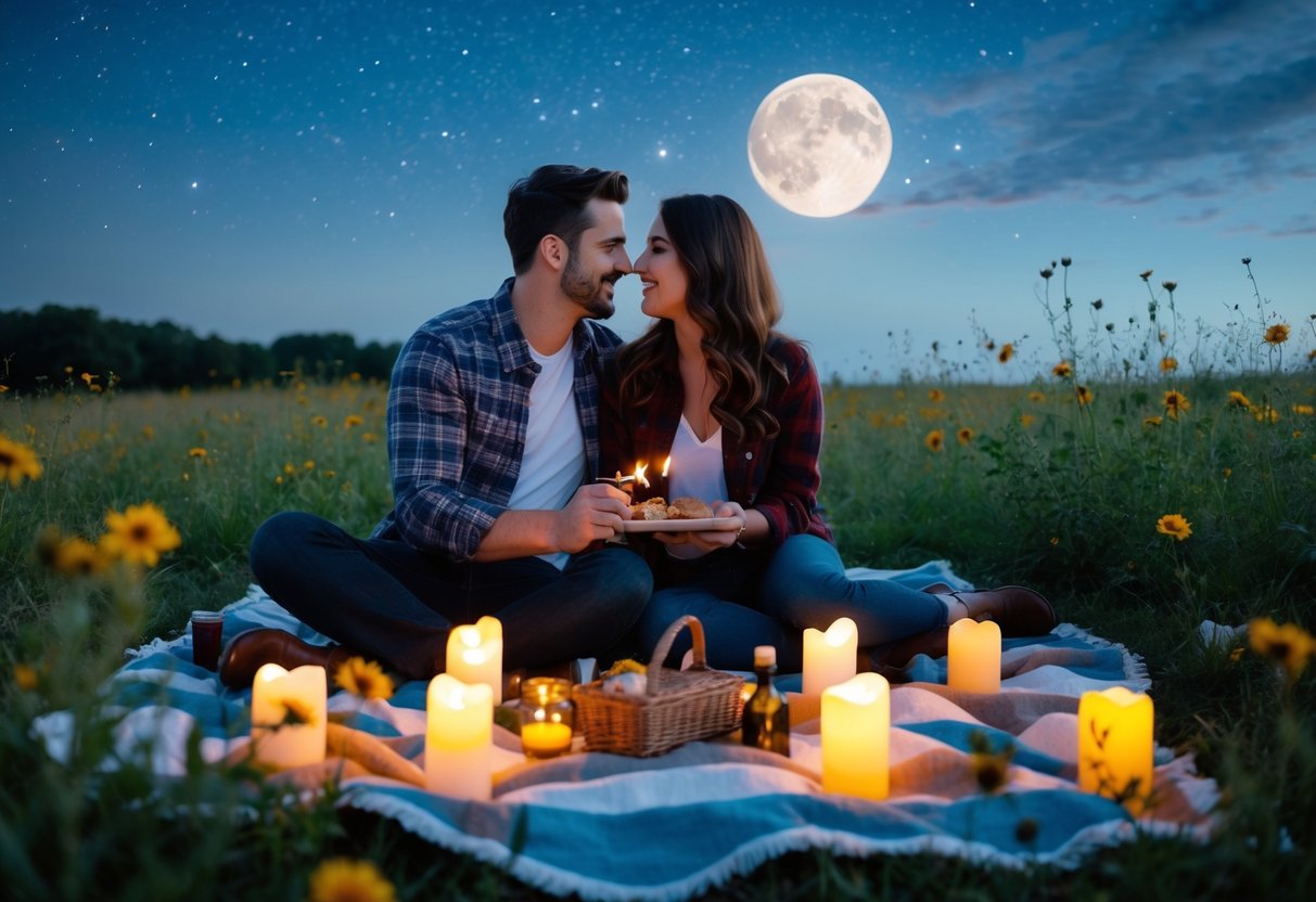 A couple sits on a blanket under a starry sky, surrounded by flickering candles and wildflowers. The moon casts a soft glow as they share a homemade picnic