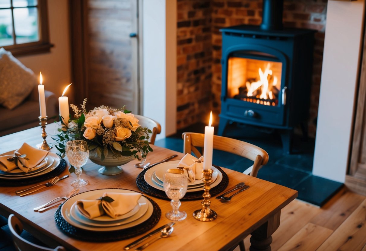 A cozy home with a crackling fire, warm lighting, and a table set for a romantic dinner