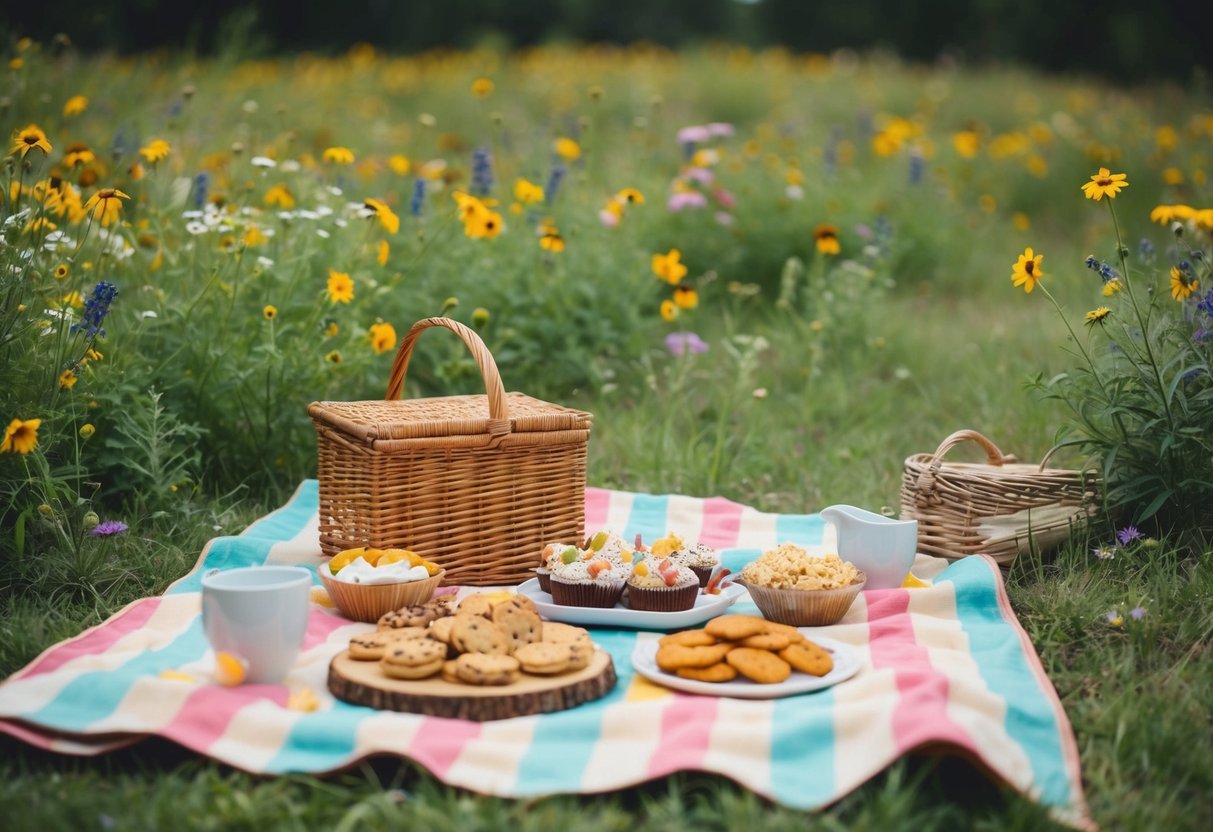 A picnic blanket spread with a variety of homemade treats, surrounded by wildflowers and a serene natural setting