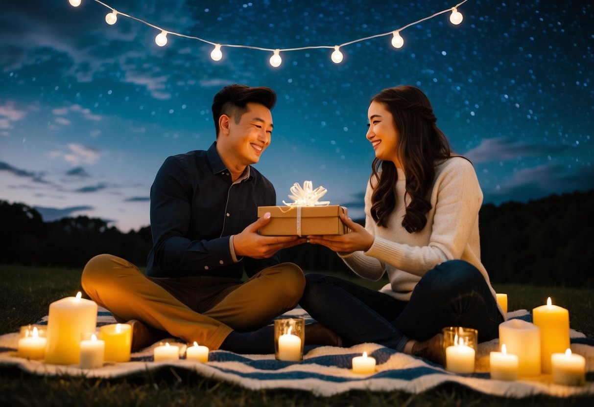 A couple sitting on a blanket under a starry sky, surrounded by candles and fairy lights. The person is presenting a handmade gift to their partner with a big smile