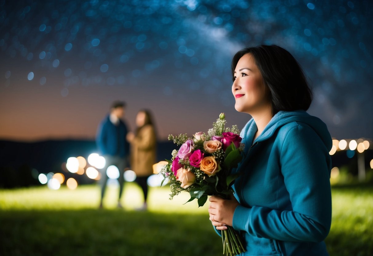 A shy person standing under a starry night, holding a bouquet of flowers and blushing while looking at someone from a distance