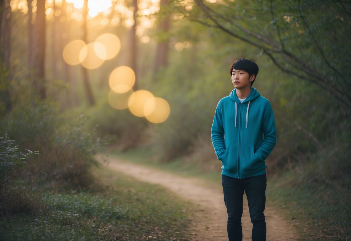 A shy person standing in a peaceful, secluded spot, surrounded by nature, with a soft, warm light illuminating the scene