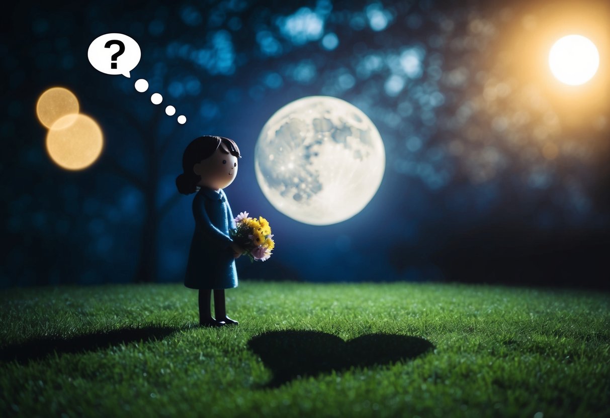 A shy figure stands in a moonlit garden, holding a bouquet of flowers. A heart-shaped shadow is cast on the ground, with a speech bubble containing a question mark floating above it