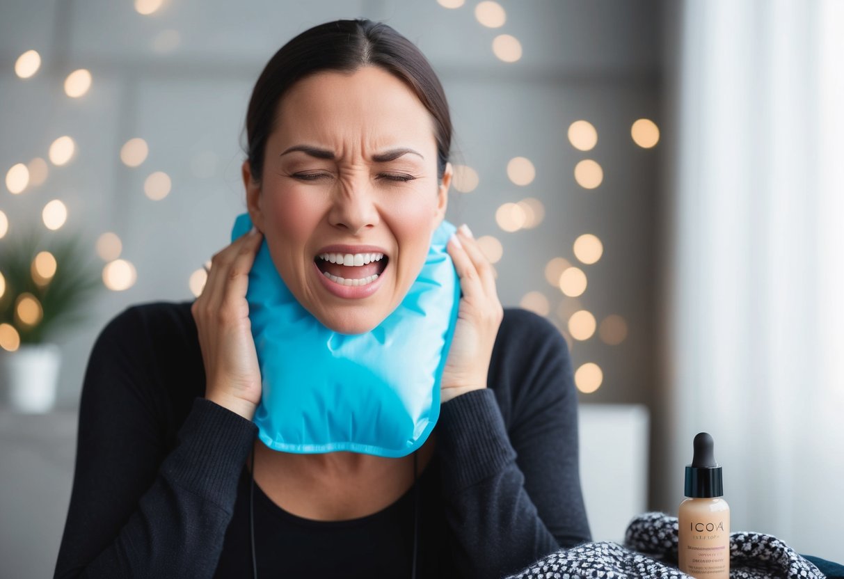 A person holding an ice pack to their neck, with a frustrated expression. A bottle of concealer and a scarf are nearby