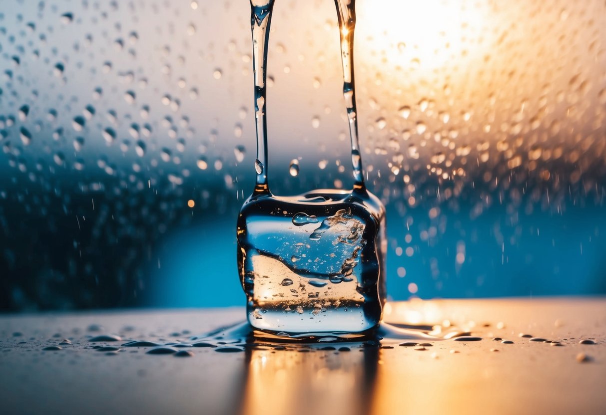 A melting ice cube meets a warm surface, creating condensation