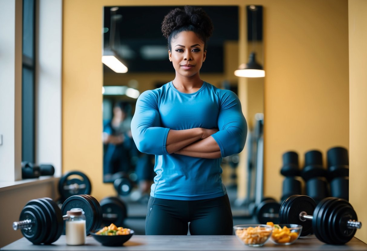 Une personne se tenant avec confiance devant un miroir, entourée d'équipements de sport et de nourriture saine, avec une expression déterminée sur son visage.