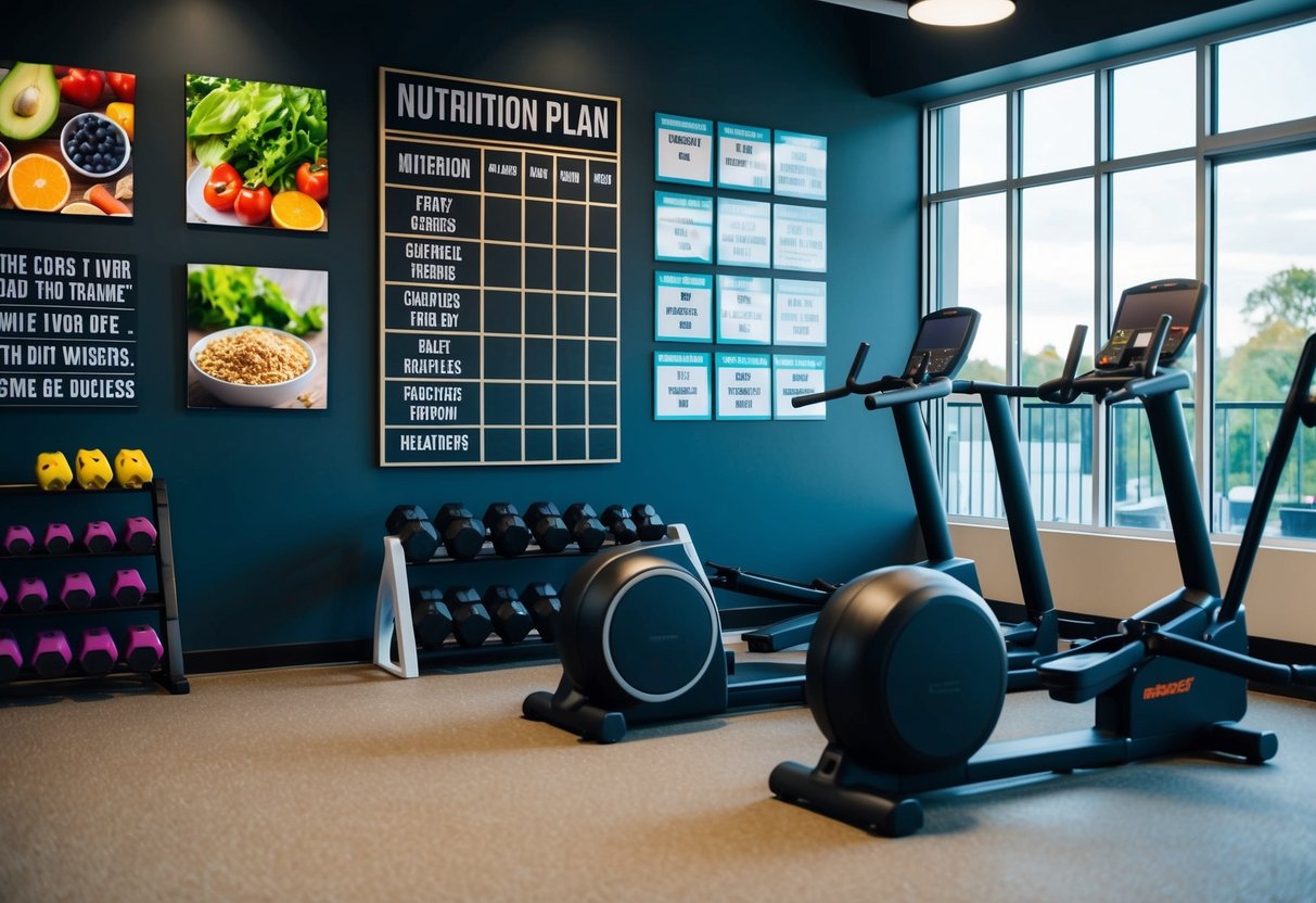 Une salle de sport avec divers équipements d'entraînement et un panneau de plan nutritionnel sur le mur, entouré de citations motivantes et d'images d'aliments sains.